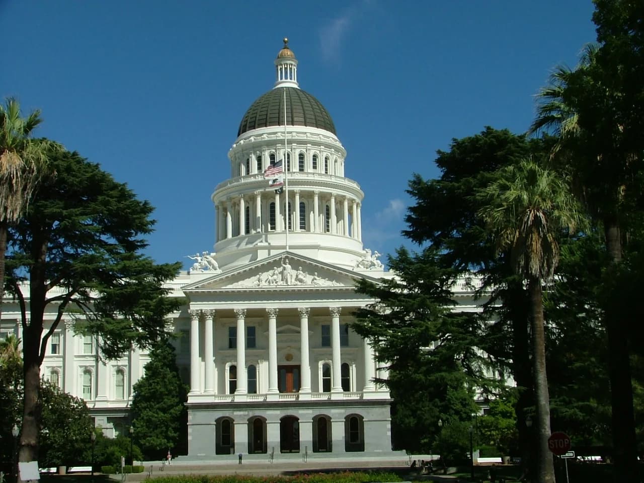A grand white neoclassical building with a large dark dome and a smaller cupola on top stands against a clear blue sky. Lush green trees, including palm trees, frame the building on both sides, with a small American flag flying from a pole on the dome.